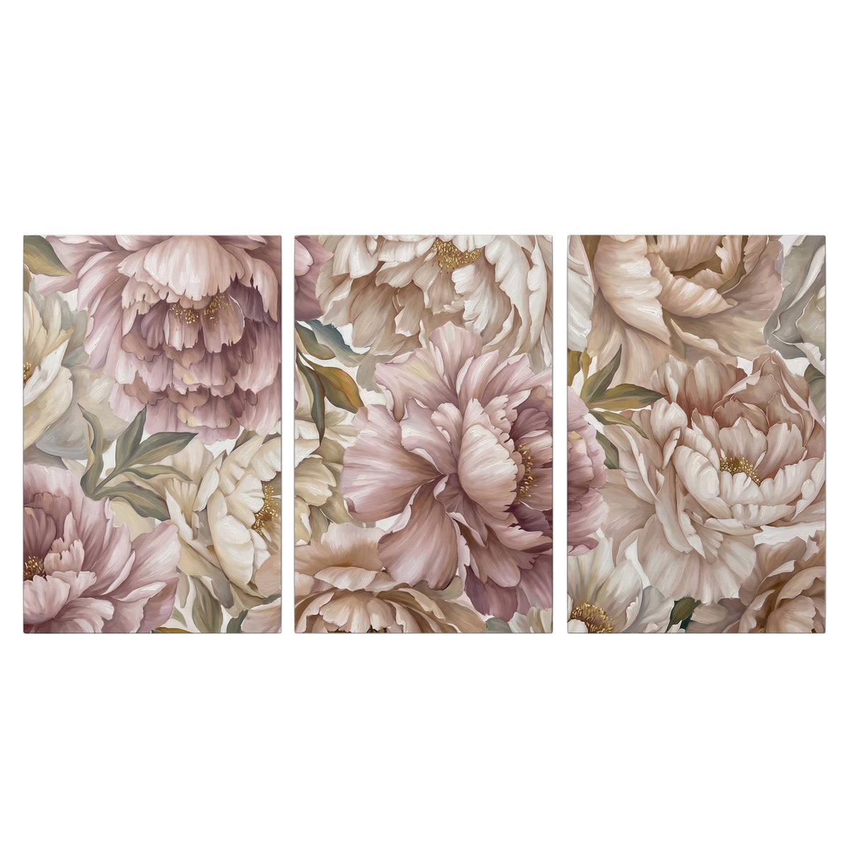 Layered soft pink and ivory flowers with sage leaves 3 piece canvas wall art viewed straight on