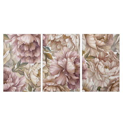 Layered soft pink and ivory flowers with sage leaves 3 piece canvas wall art viewed straight on