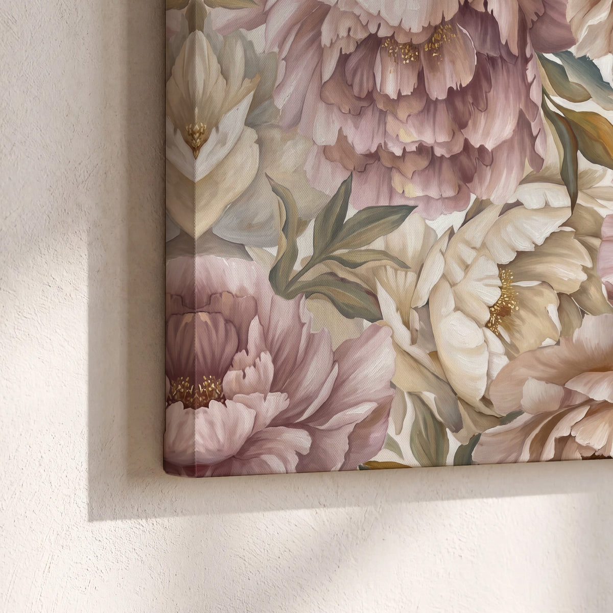 Layered soft pink and ivory flowers with sage leaves 3 piece canvas wall art material and edge close up