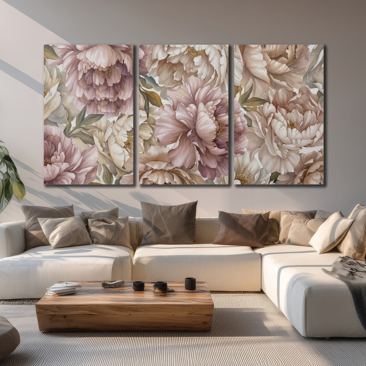 Layered soft pink and ivory flowers with sage leaves 3 piece canvas wall art displayed in a living room