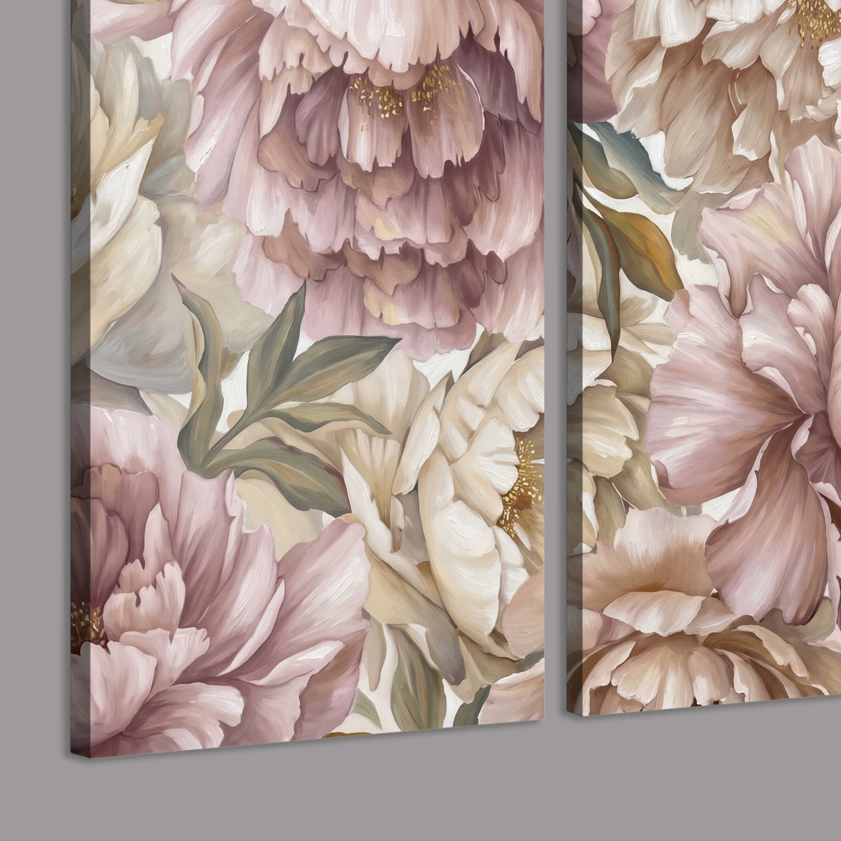 Layered soft pink and ivory flowers with sage leaves 3 piece canvas wall art room and product view