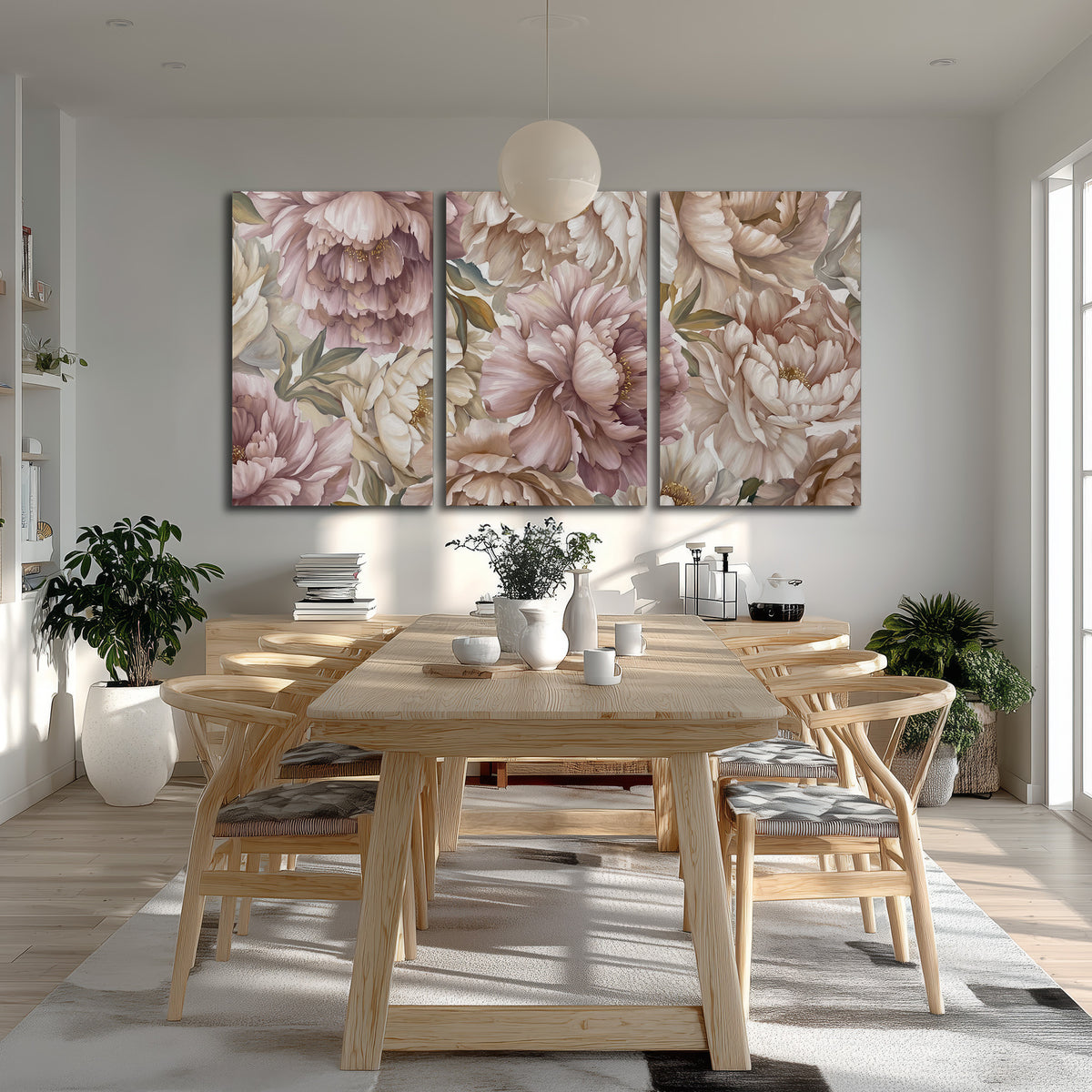 Layered soft pink and ivory flowers with sage leaves 3 piece canvas wall art room and product view