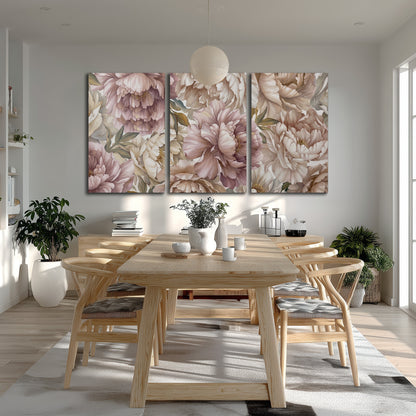 Layered soft pink and ivory flowers with sage leaves 3 piece canvas wall art room and product view