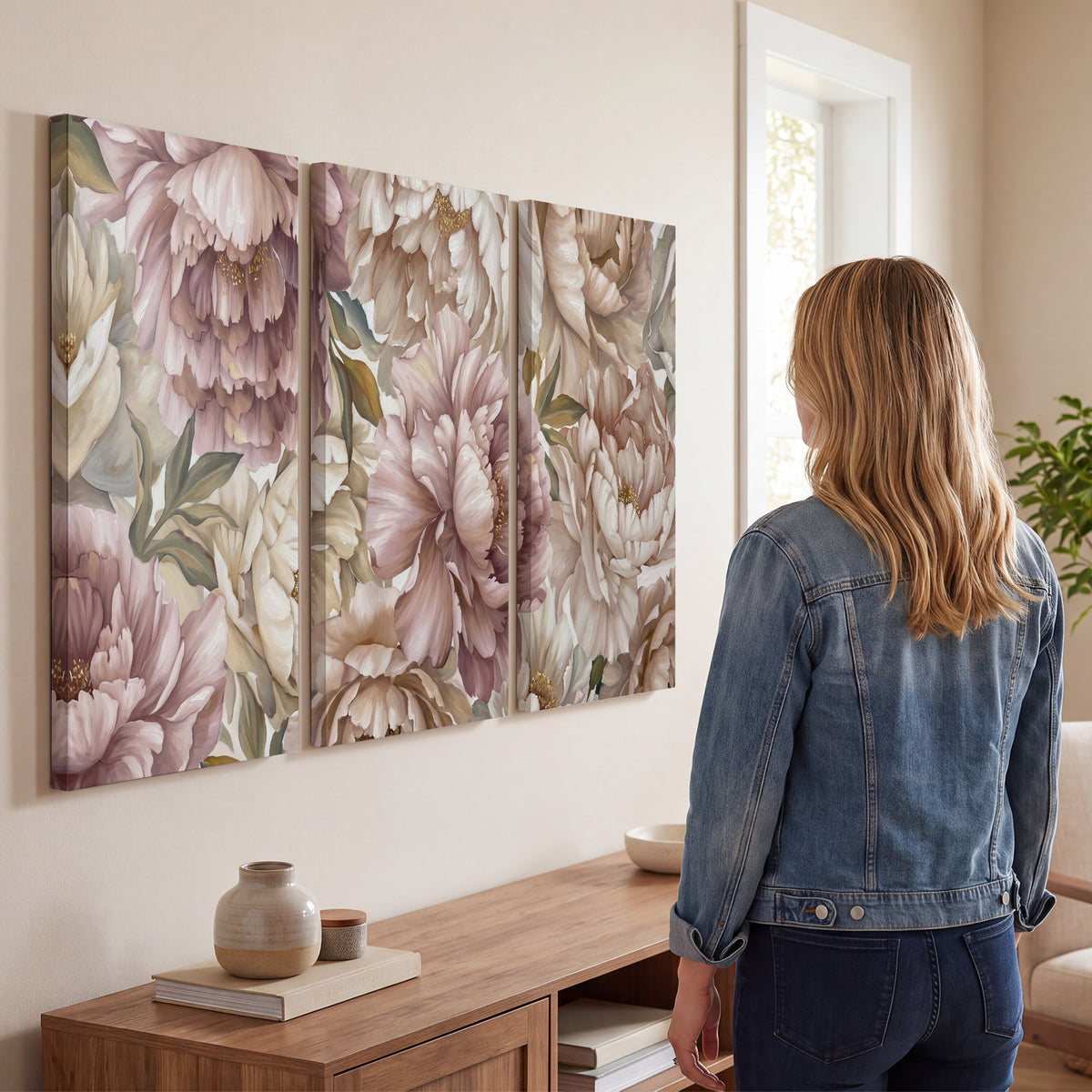 Layered soft pink and ivory flowers with sage leaves 3 piece canvas wall art three panel arrangement on a wall