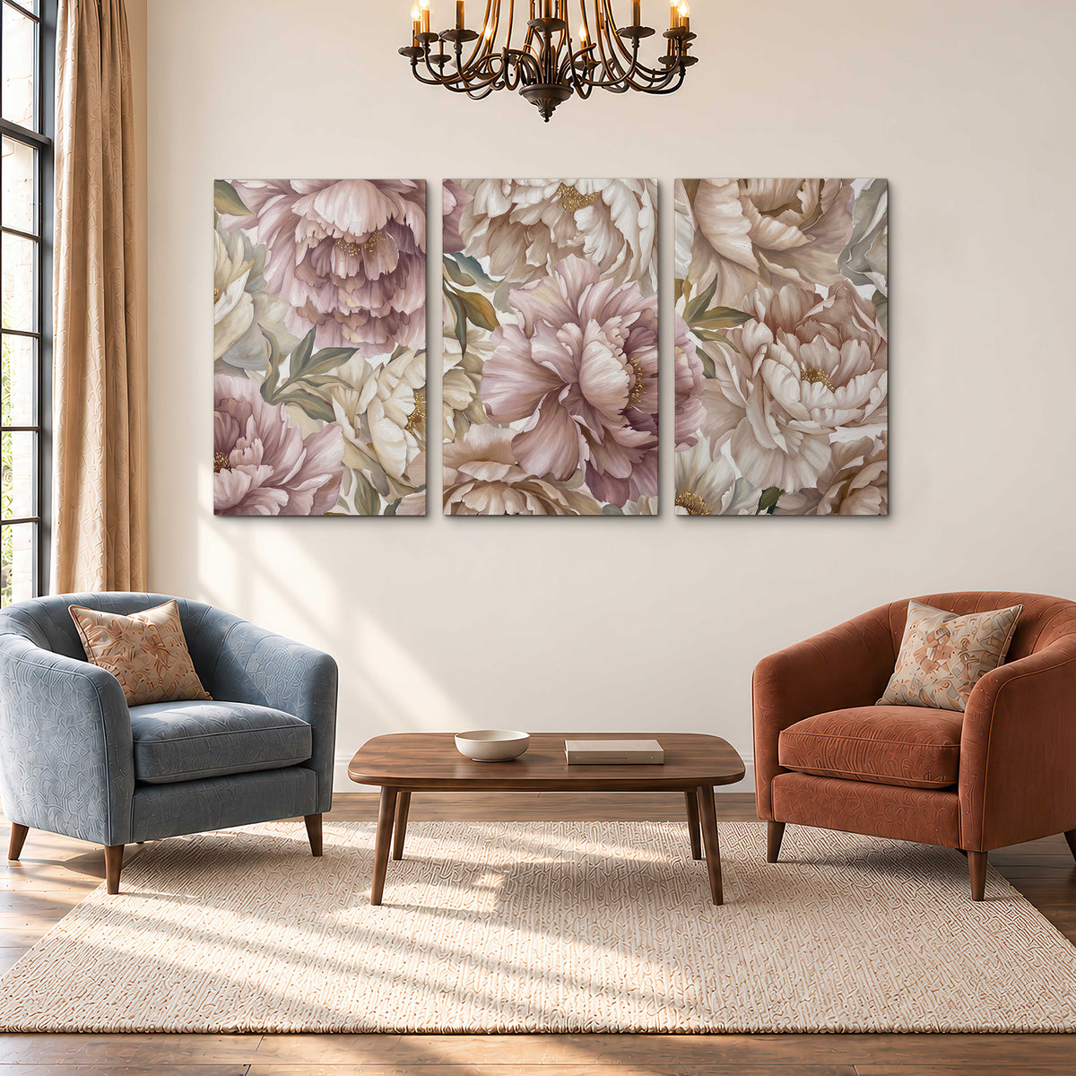 Layered soft pink and ivory flowers with sage leaves 3 piece canvas wall art styled in an interior