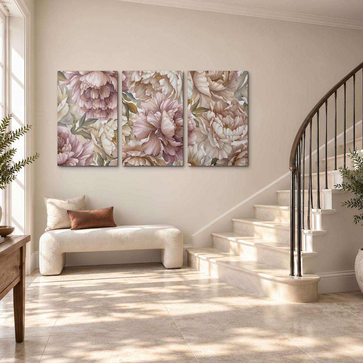 Layered soft pink and ivory flowers with sage leaves 3 piece canvas wall art styled in an interior