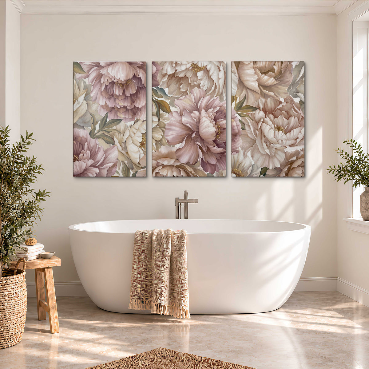 Layered soft pink and ivory flowers with sage leaves 3 piece canvas wall art styled in an interior