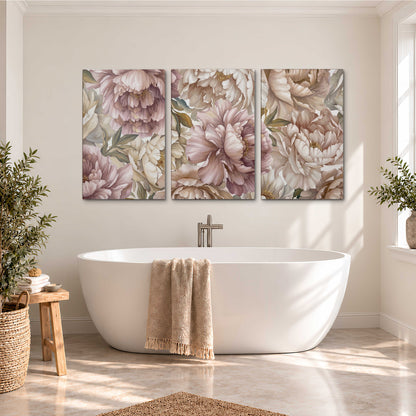 Layered soft pink and ivory flowers with sage leaves 3 piece canvas wall art styled in an interior