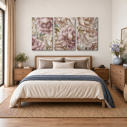 Layered soft pink and ivory flowers with sage leaves 3 piece canvas wall art styled in an interior
