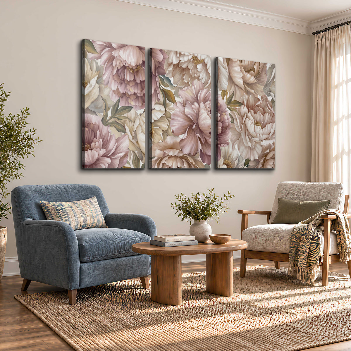 Layered soft pink and ivory flowers with sage leaves 3 piece canvas wall art styled in an interior