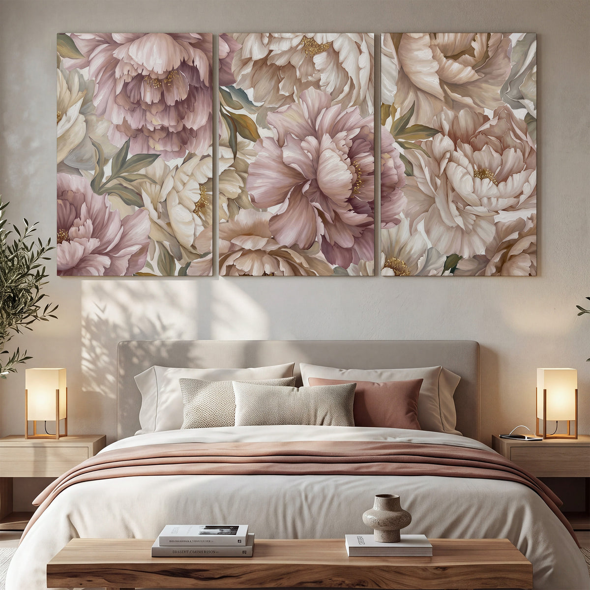 Layered soft pink and ivory flowers with sage leaves 3 piece canvas wall art displayed in a bedroom