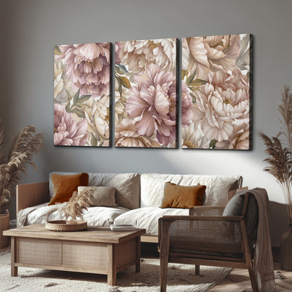 Layered soft pink and ivory flowers with sage leaves 3 piece canvas wall art displayed in a rustic living room