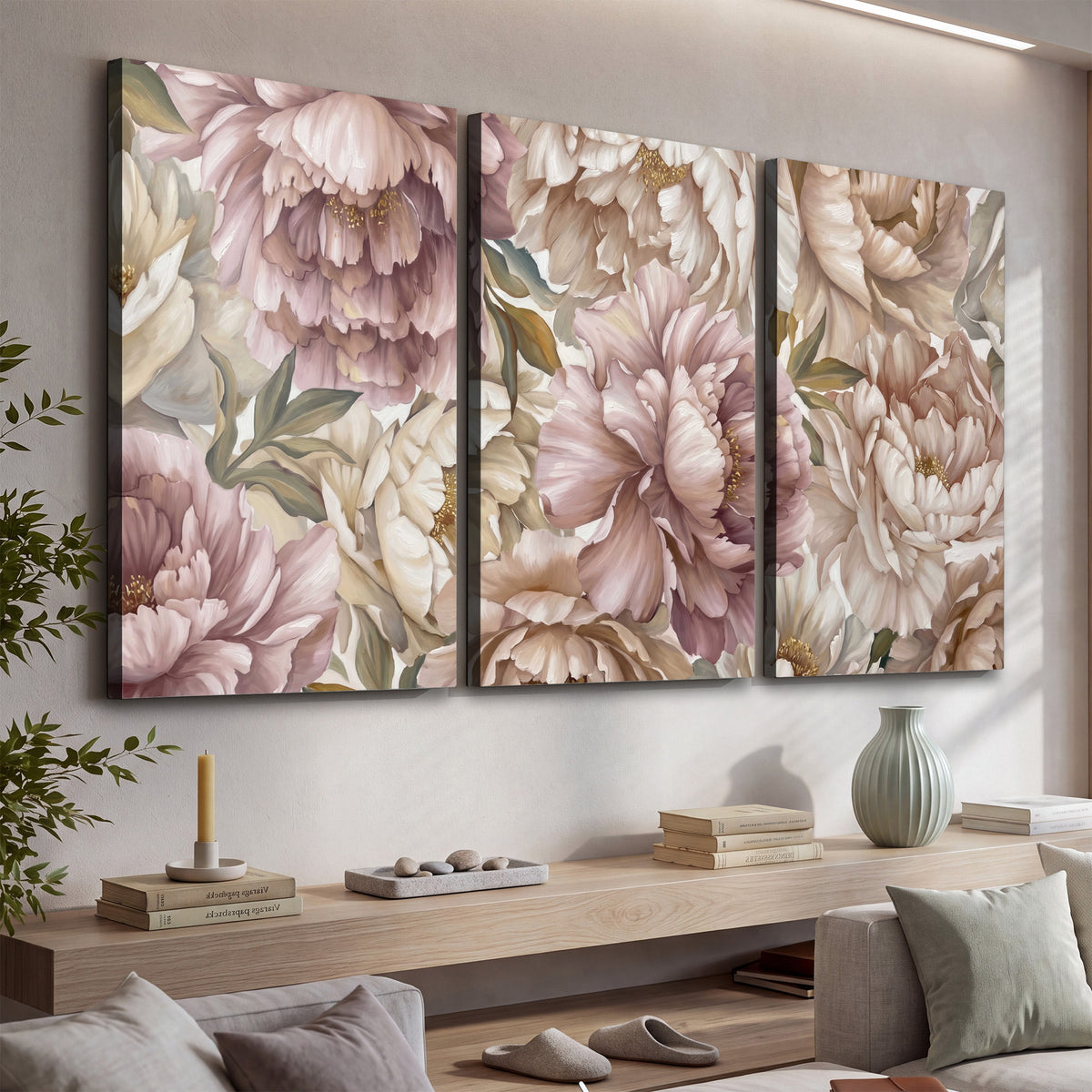 Layered soft pink and ivory flowers with sage leaves 3 piece canvas wall art displayed in a console