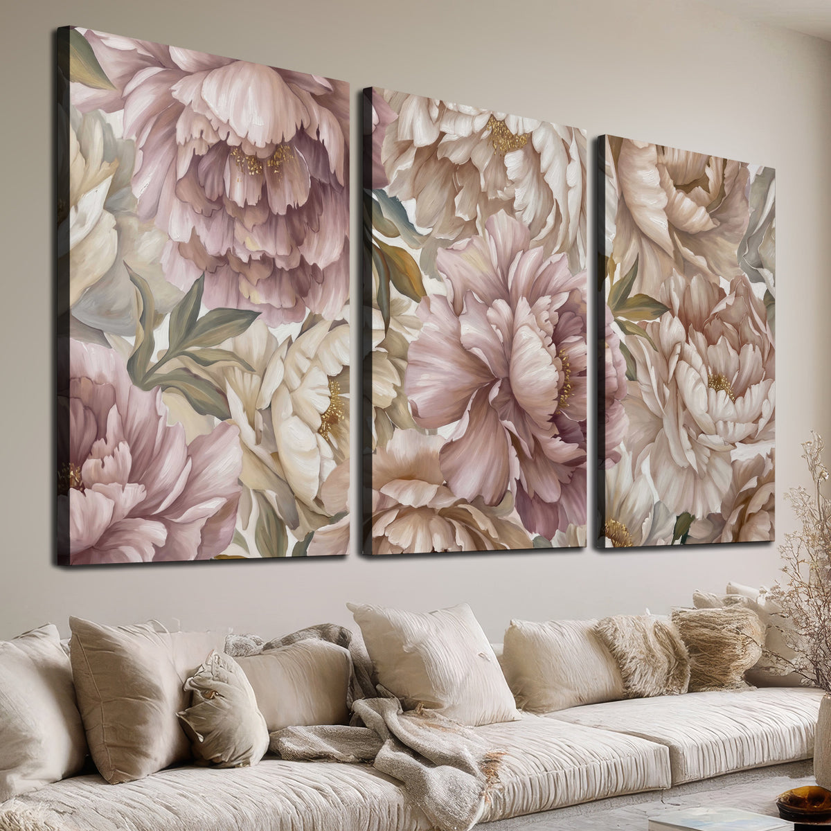 Layered soft pink and ivory flowers with sage leaves 3 piece canvas wall art room and product view