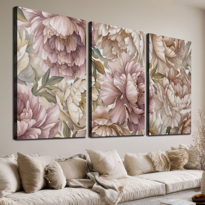 Layered soft pink and ivory flowers with sage leaves 3 piece canvas wall art room and product view