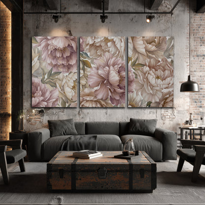 Layered soft pink and ivory flowers with sage leaves 3 piece canvas wall art displayed in a industrial room
