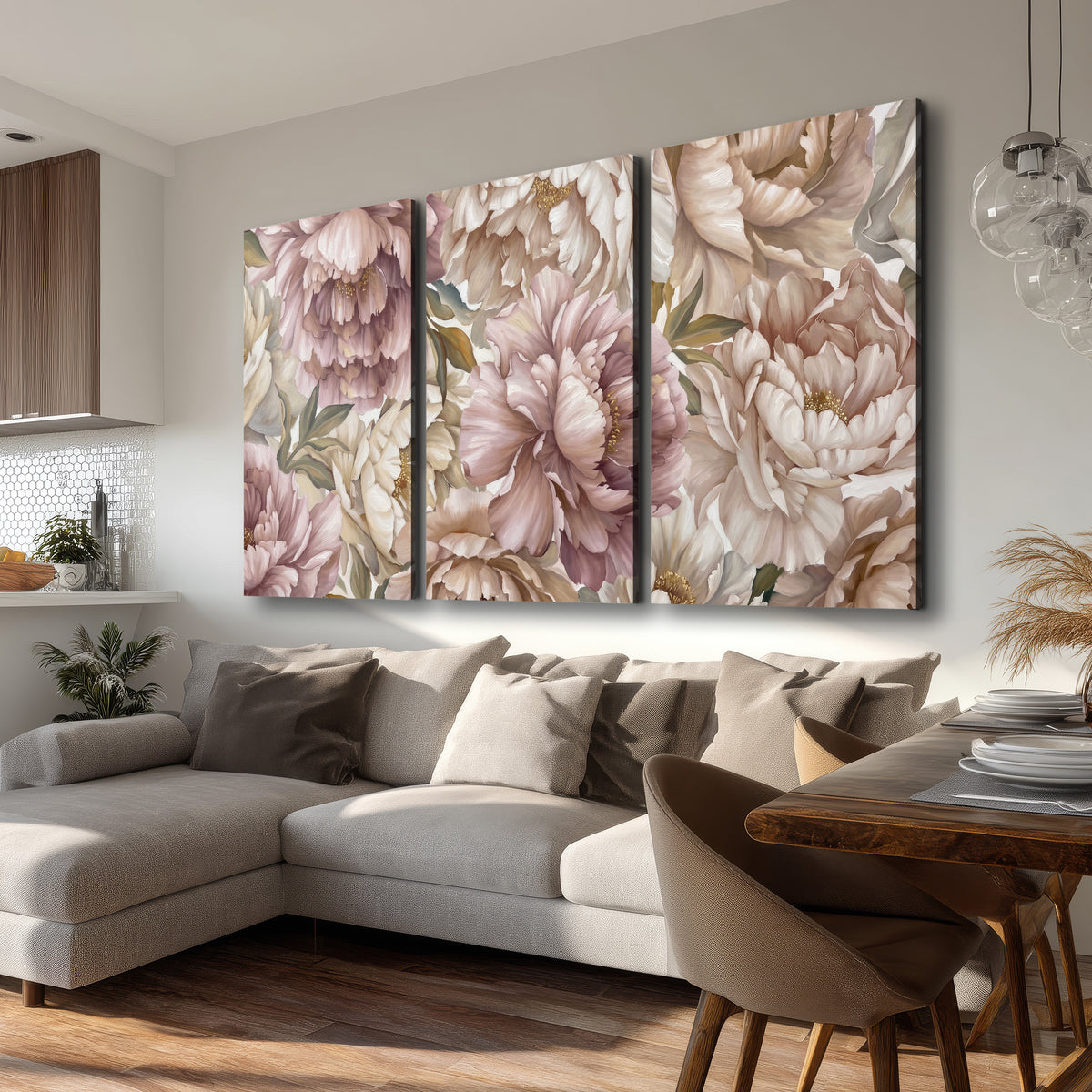 Layered soft pink and ivory flowers with sage leaves 3 piece canvas wall art room and product view