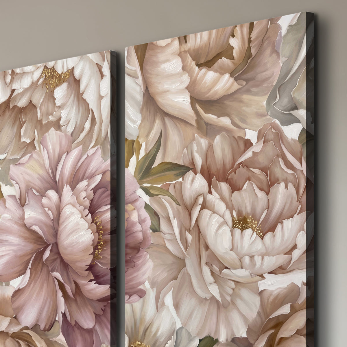 Layered soft pink and ivory flowers with sage leaves 3 piece canvas wall art room and product view