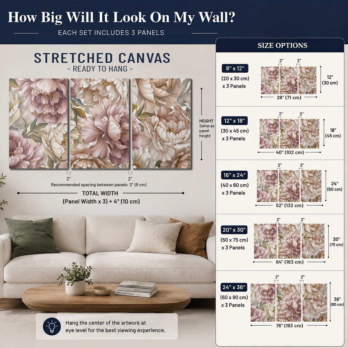 Layered soft pink and ivory flowers with sage leaves 3 piece canvas wall art size guide above a sofa; room view is illustrative
