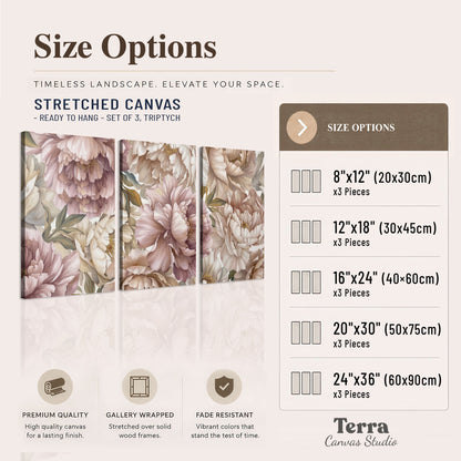 Layered soft pink and ivory flowers with sage leaves 3 piece canvas wall art available dimensions; triptych dimensions are per panel