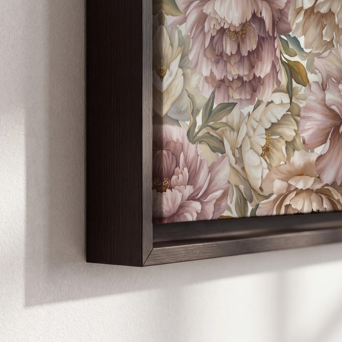 Layered soft pink and ivory flowers with sage leaves 3 piece framed canvas wall art material and edge close up