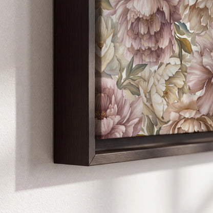 Layered soft pink and ivory flowers with sage leaves 3 piece framed canvas wall art material and edge close up