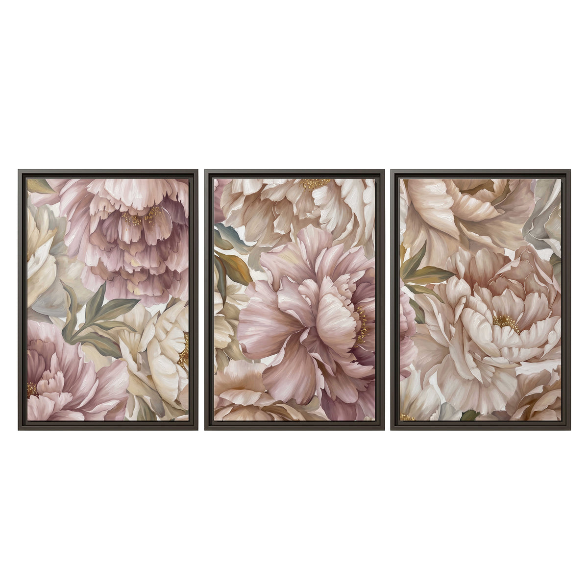 Layered soft pink and ivory flowers with sage leaves 3 piece framed canvas wall art viewed straight on
