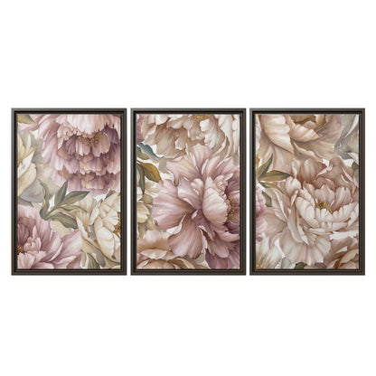 Layered soft pink and ivory flowers with sage leaves 3 piece framed canvas wall art viewed straight on