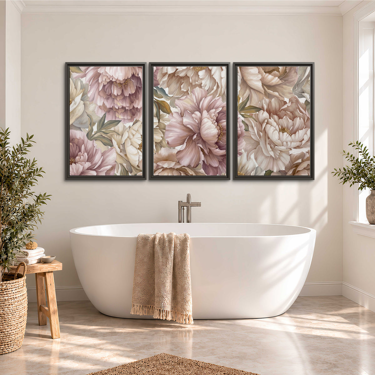 Layered soft pink and ivory flowers with sage leaves 3 piece framed canvas wall art styled in an interior