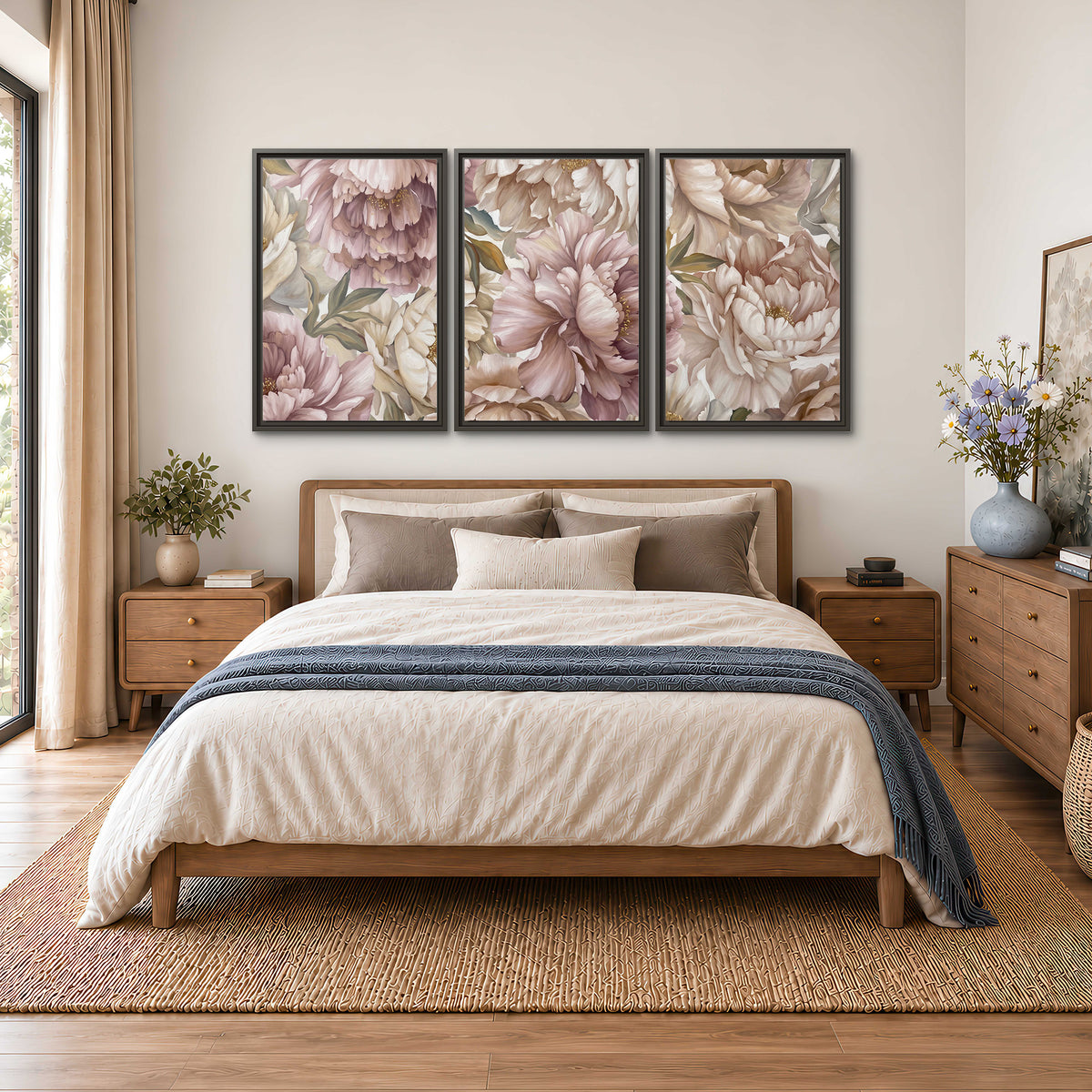 Layered soft pink and ivory flowers with sage leaves 3 piece framed canvas wall art styled in an interior