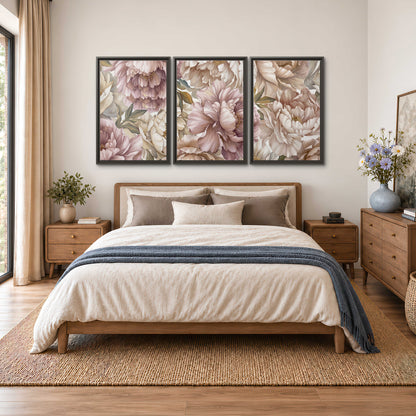 Layered soft pink and ivory flowers with sage leaves 3 piece framed canvas wall art styled in an interior