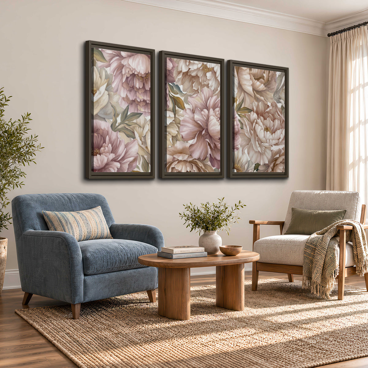 Layered soft pink and ivory flowers with sage leaves 3 piece framed canvas wall art styled in an interior