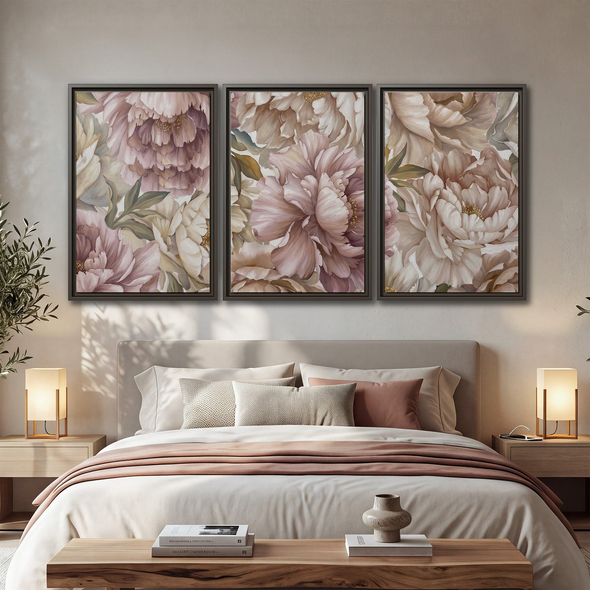 Layered soft pink and ivory flowers with sage leaves 3 piece framed canvas wall art displayed in a bedroom