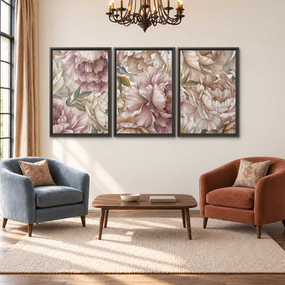 Layered soft pink and ivory flowers with sage leaves 3 piece framed canvas wall art styled in an interior