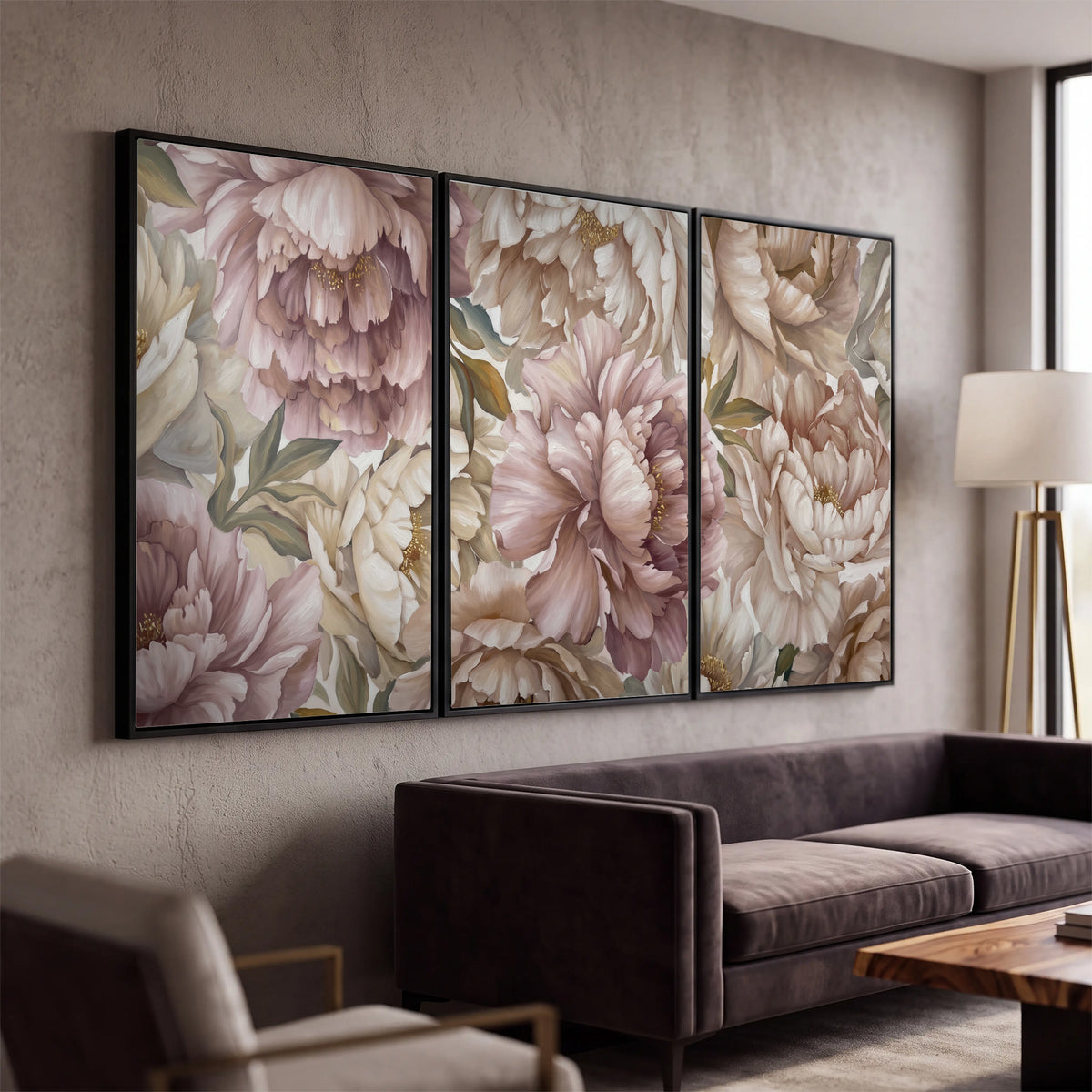 Layered soft pink and ivory flowers with sage leaves 3 piece framed canvas wall art displayed in a modern living room