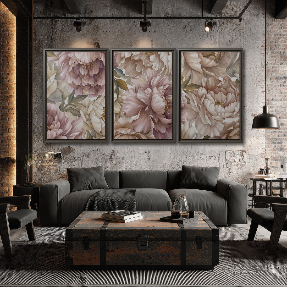 Layered soft pink and ivory flowers with sage leaves 3 piece framed canvas wall art displayed in a industrial room