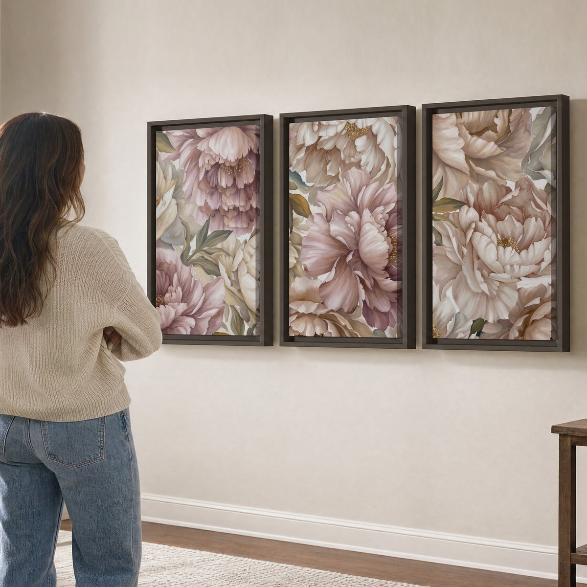 Layered soft pink and ivory flowers with sage leaves 3 piece framed canvas wall art three panel arrangement on a wall