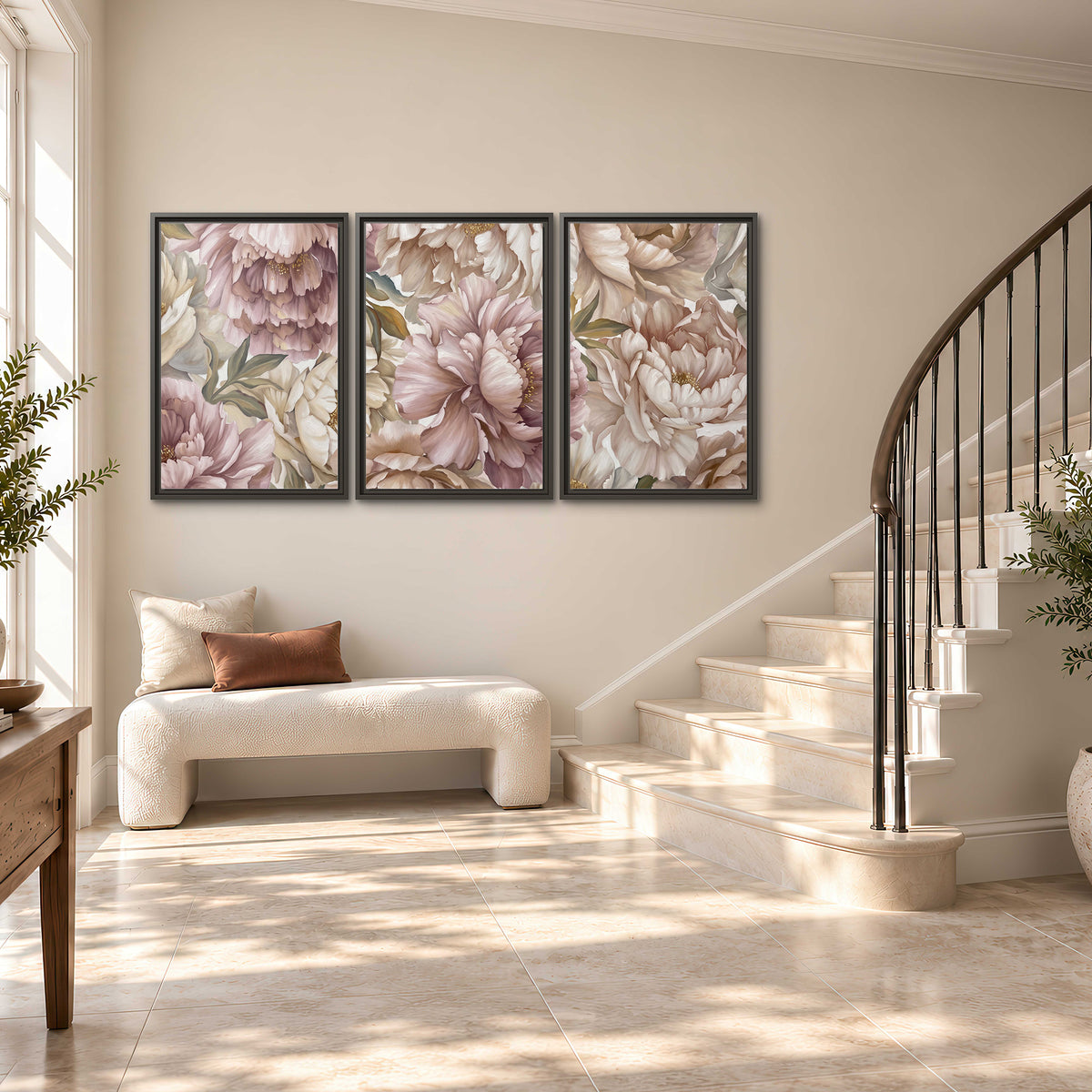 Layered soft pink and ivory flowers with sage leaves 3 piece framed canvas wall art styled in an interior