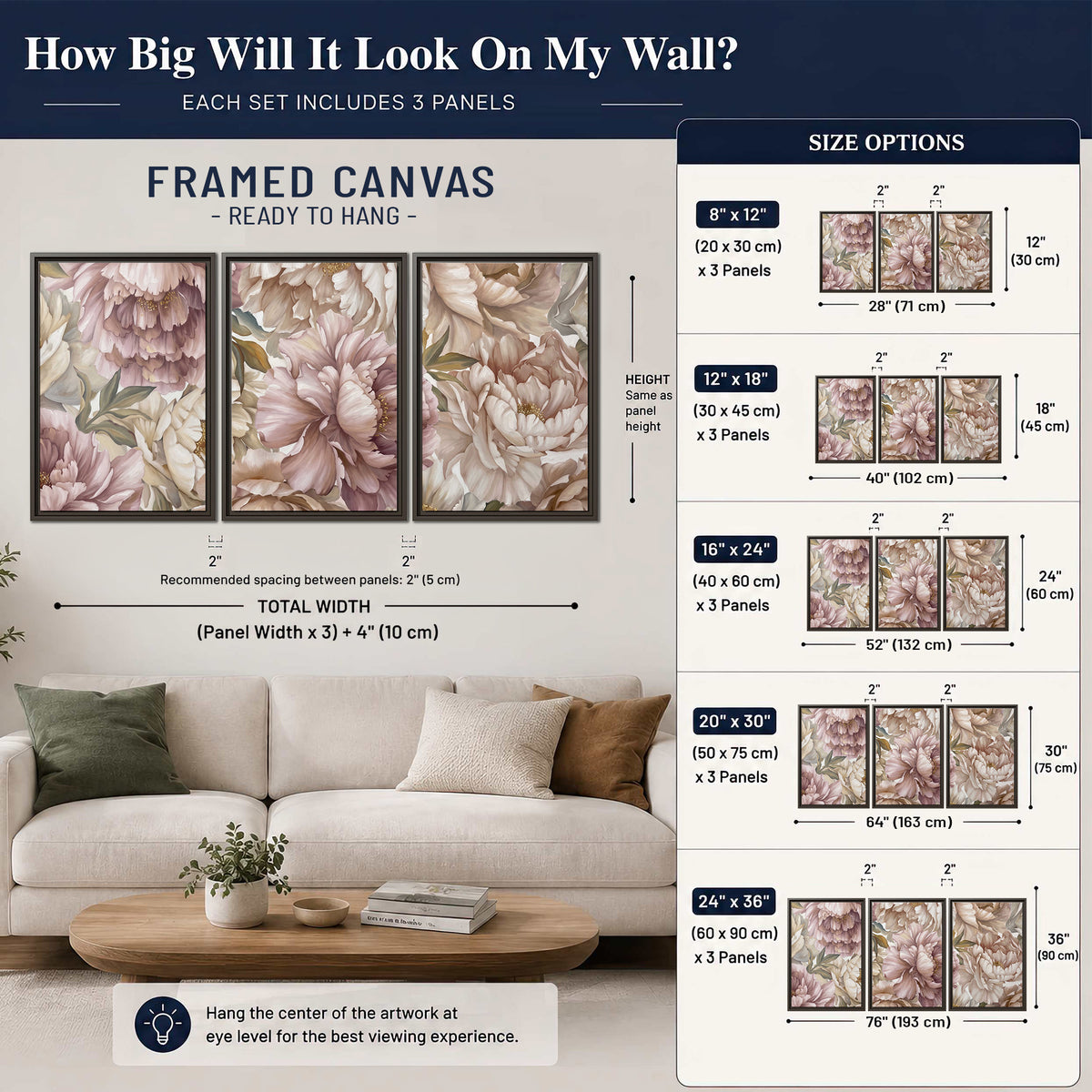 Layered soft pink and ivory flowers with sage leaves 3 piece framed canvas wall art size guide above a sofa; room view is illustrative