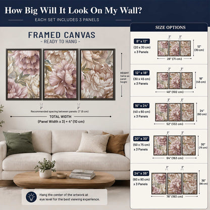 Layered soft pink and ivory flowers with sage leaves 3 piece framed canvas wall art size guide above a sofa; room view is illustrative