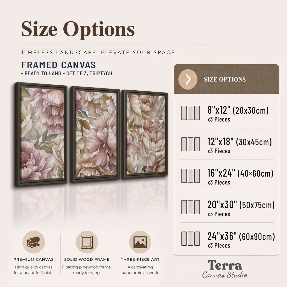 Layered soft pink and ivory flowers with sage leaves 3 piece framed canvas wall art available dimensions; triptych dimensions are per panel
