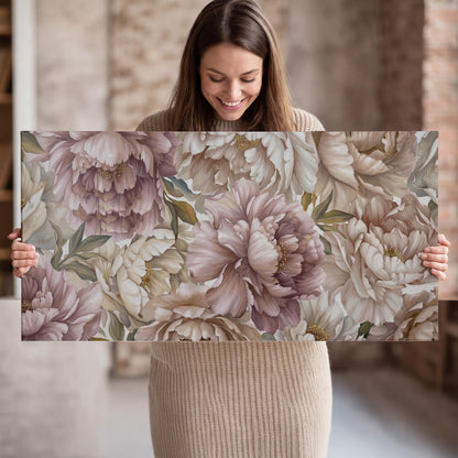Layered soft pink and ivory flowers with sage leaves single canvas wall art held in hands
