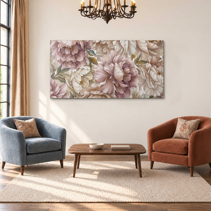 Layered soft pink and ivory flowers with sage leaves single canvas wall art styled in an interior