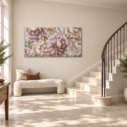 Layered soft pink and ivory flowers with sage leaves single canvas wall art styled in an interior