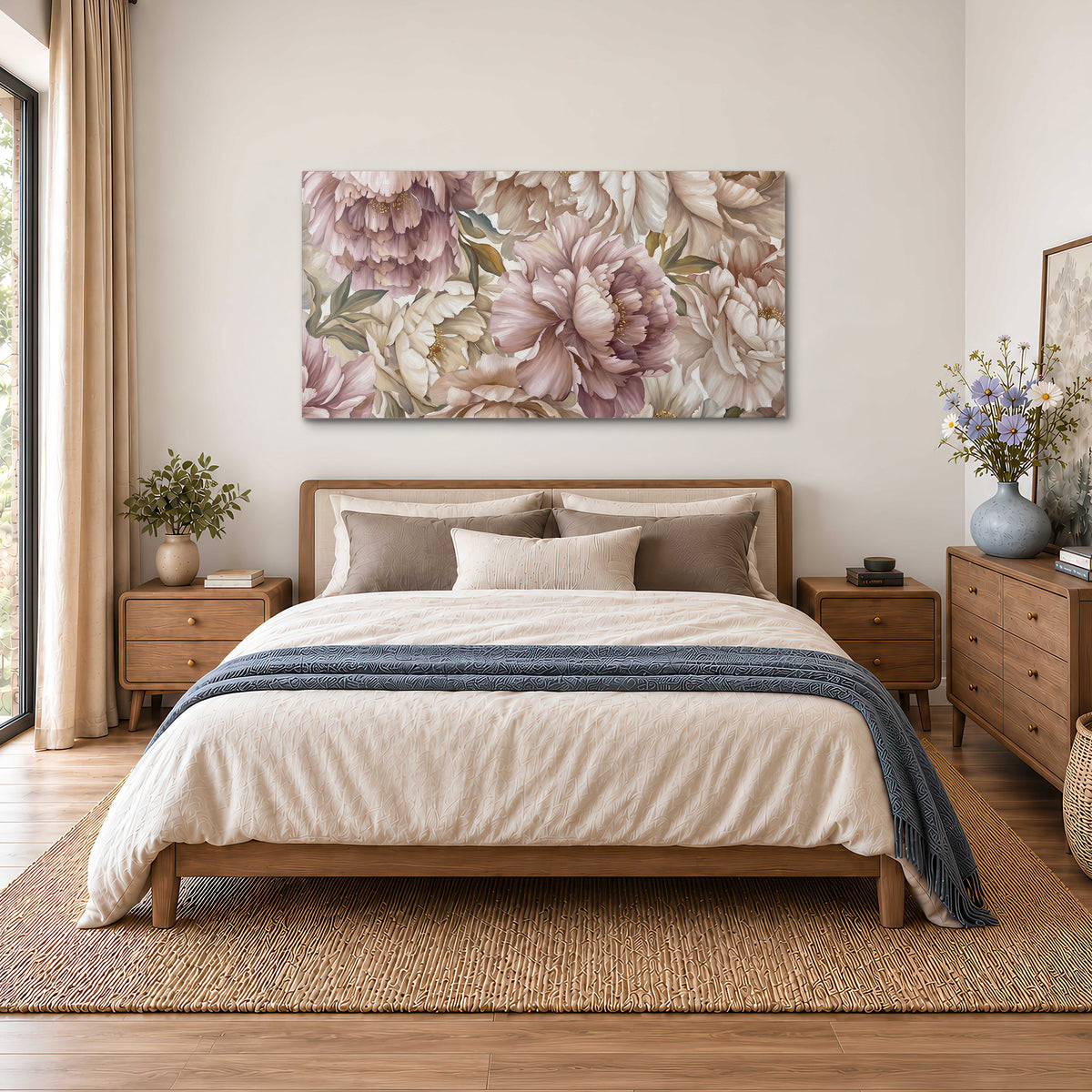 Layered soft pink and ivory flowers with sage leaves single canvas wall art styled in an interior