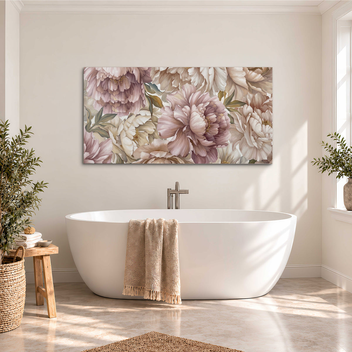 Layered soft pink and ivory flowers with sage leaves single canvas wall art styled in an interior