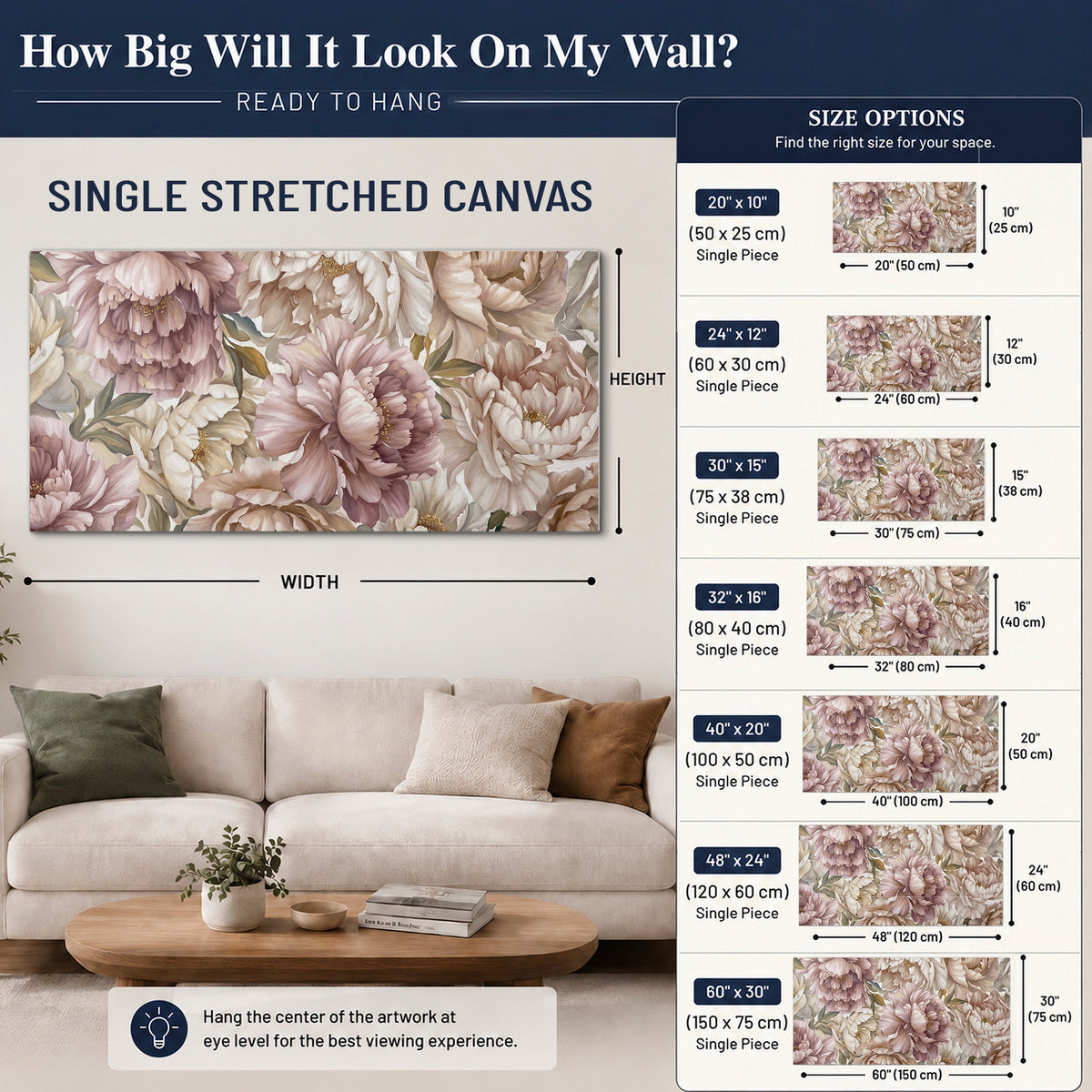 Layered soft pink and ivory flowers with sage leaves single canvas wall art size guide above a sofa; room view is illustrative