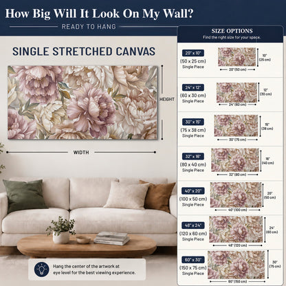 Layered soft pink and ivory flowers with sage leaves single canvas wall art size guide above a sofa; room view is illustrative