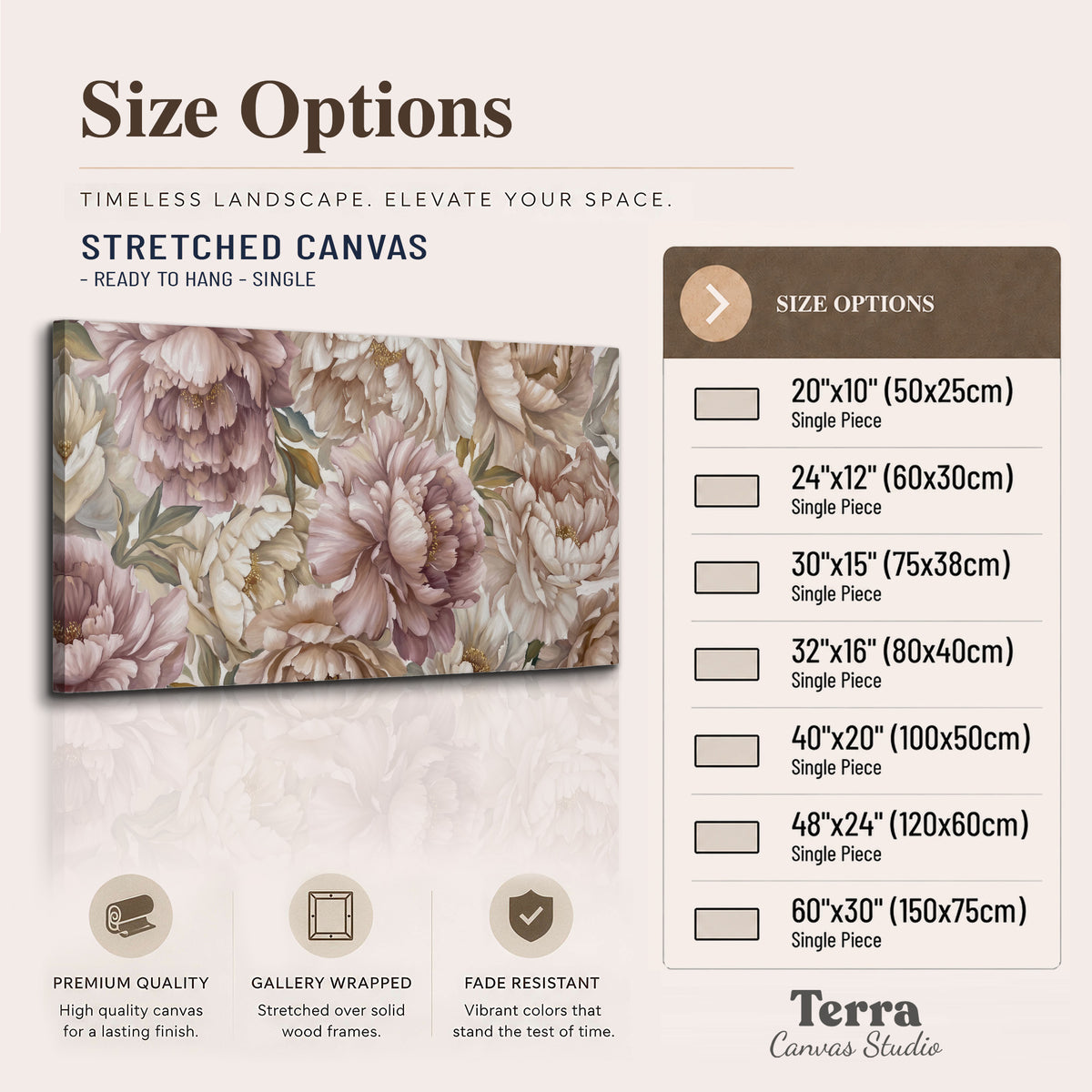 Layered soft pink and ivory flowers with sage leaves single canvas wall art available dimensions