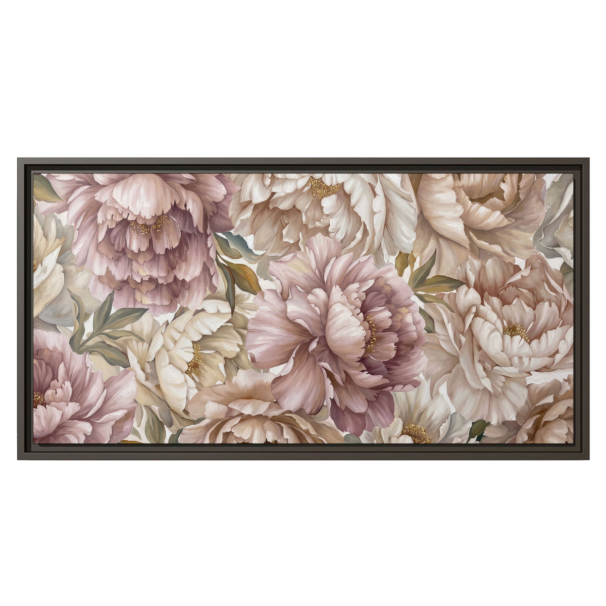 Layered soft pink and ivory flowers with sage leaves single framed canvas wall art viewed straight on